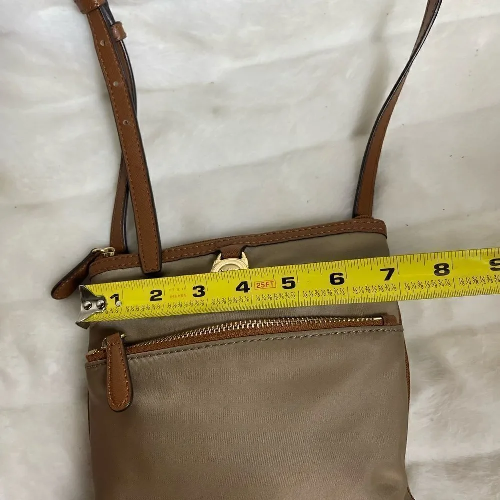 Michael Kors khaki Nylon crossbody bag with brown leather trim &adjustable strap